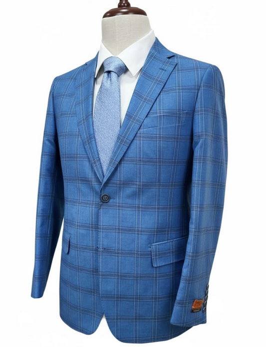 Premium 100% Wool Italian - Blue Windowpane Suit