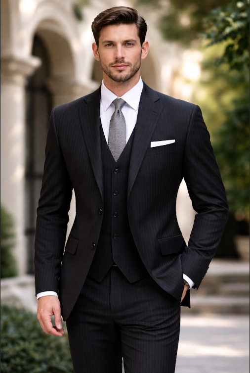 Mantoni - 2 Piece Suit in Black Pinstripe