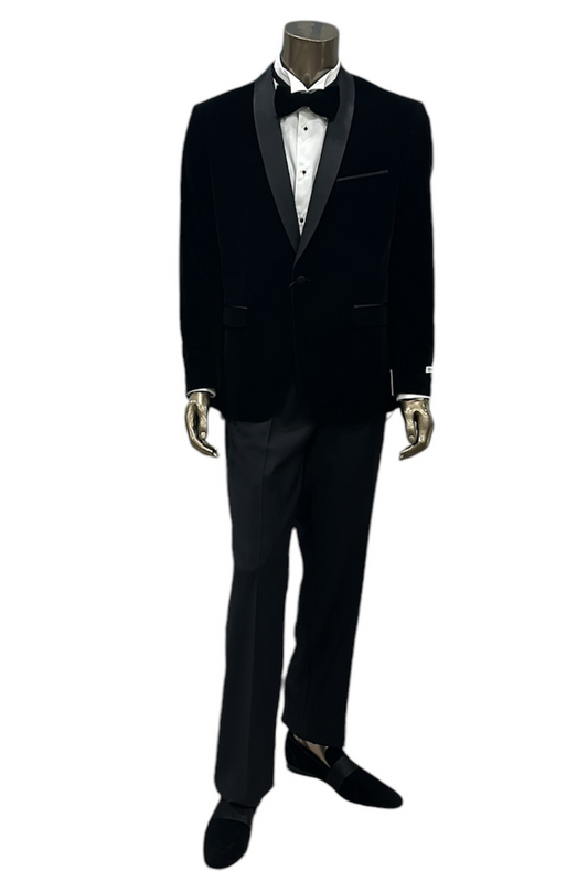 Sharp Suit Slim - Black Velvet Tuxedo - Black Bowtie