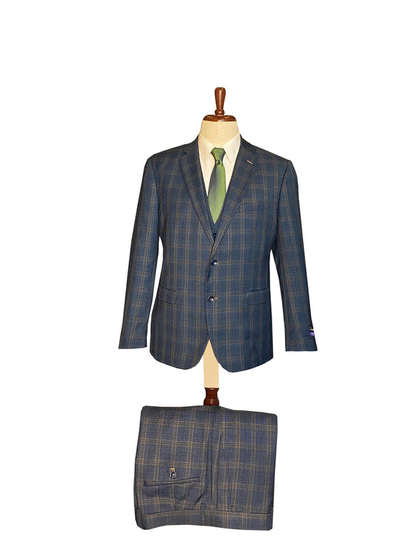 Pavarotti - Modern Fit 3piece Suit Navy & Taupe Plaid & Vest