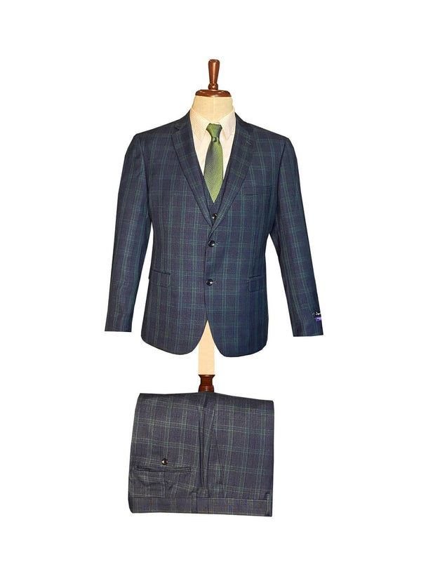 Pavarotti - Modern Fit 3 Piece Suit Blue & Green Plaid & Vest